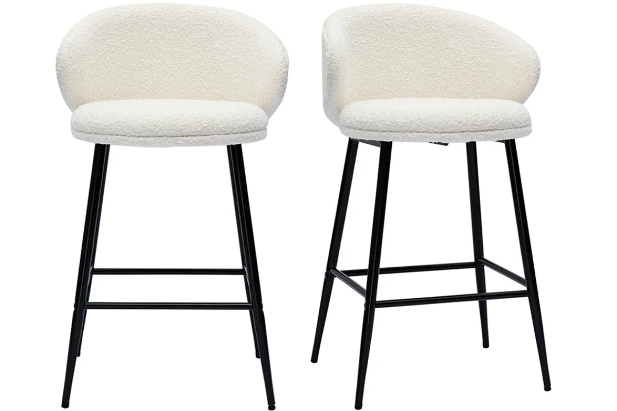 Miliboo Barhocker aus Stoff mit Bouclé-Wolleffekt in Ecru und schwarzem Metall (2er-Set) ROSALIE* Barhocker