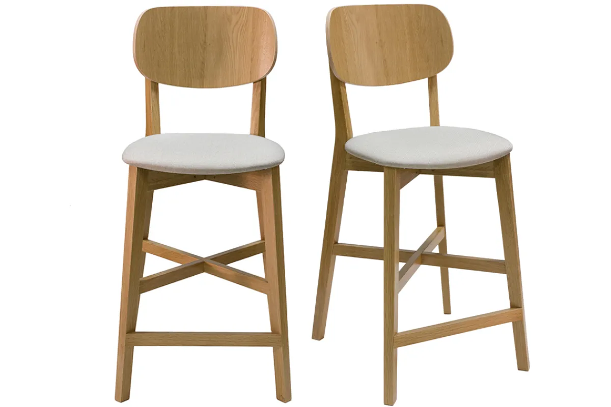 Miliboo Barhocker helles Holz und beiger Stoff H65 cm (2er-Set) LUCIA* Barhocker