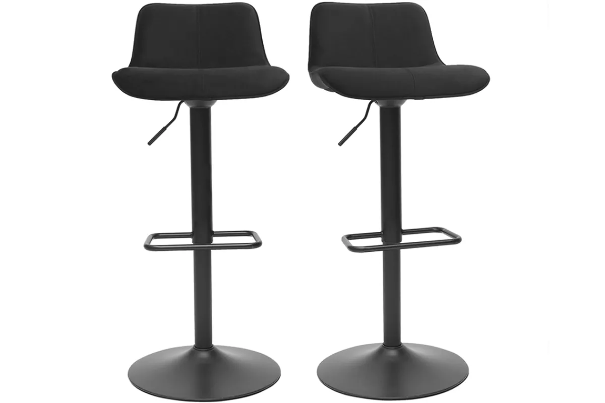 Miliboo Barhocker höhenverstellbar und um 360° drehbar aus schwarzem Stoff mit Samteffekt und Metall (2er-Set) BOOST* Barhocker