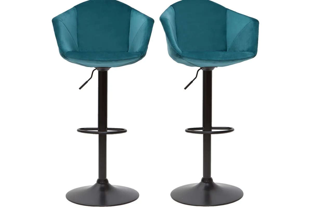 Miliboo Barhocker höhenverstellbar und 360° drehbar aus petrolblauem Samt und schwarzem Metall (2er-Set) TAYA* Barhocker