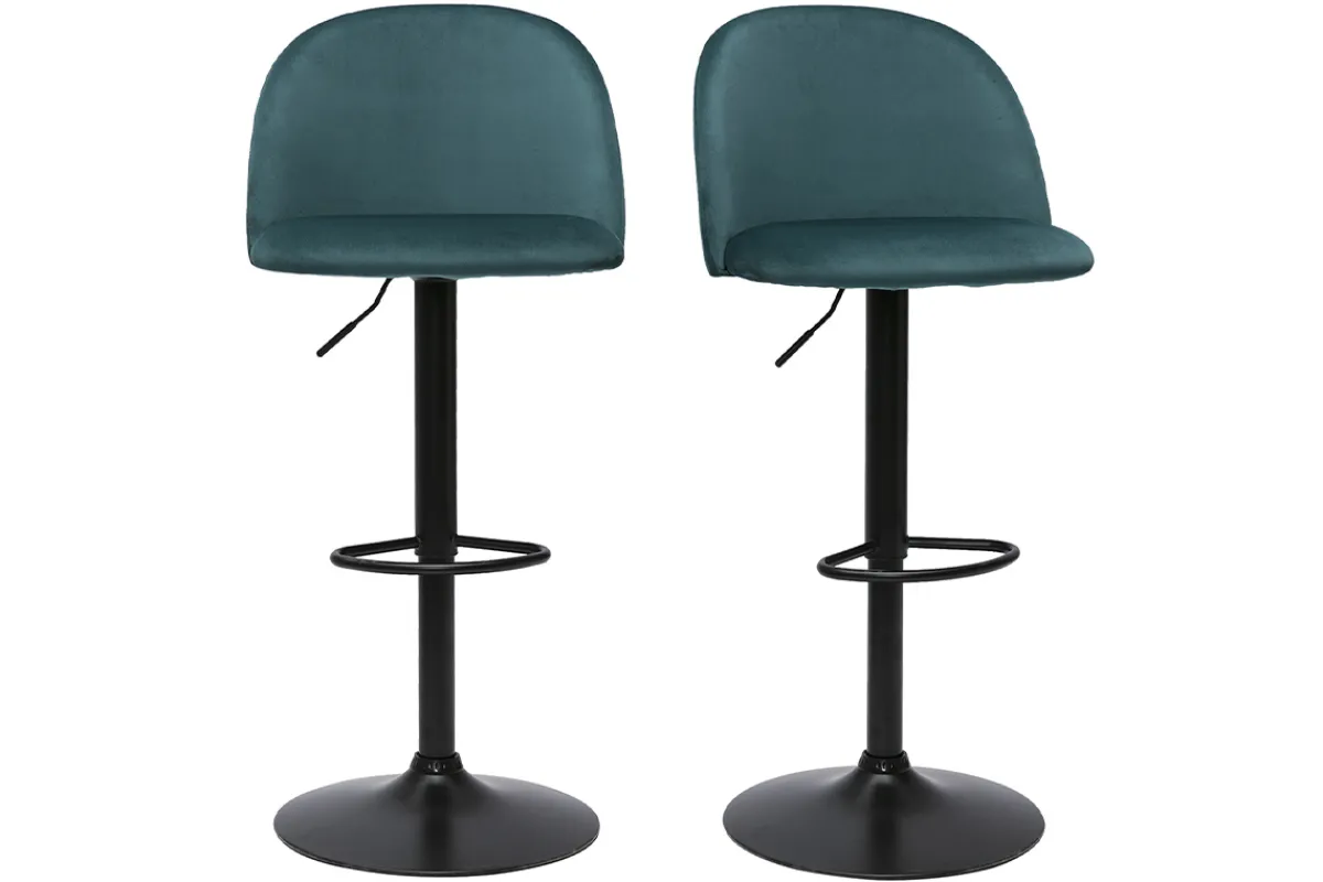 Miliboo Barhocker höhenverstellbar aus petrolblauem Samt und schwarzem Metall (2er-Set) CELESTE* Barhocker