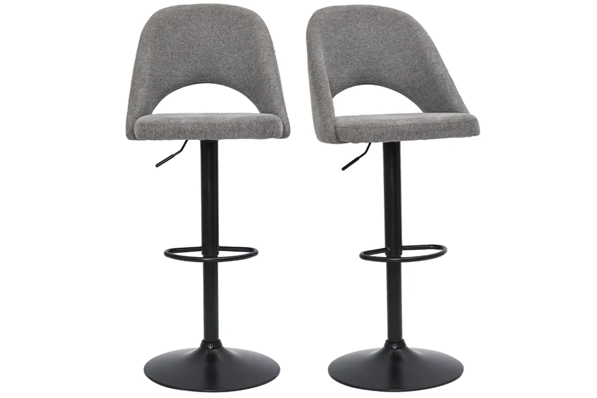 Miliboo Barhocker höhenverstellbar Stoff mit strukturiertem Samteffekt in Grau und schwarzes Metall (2er-Set) COSETTE* Barhocker