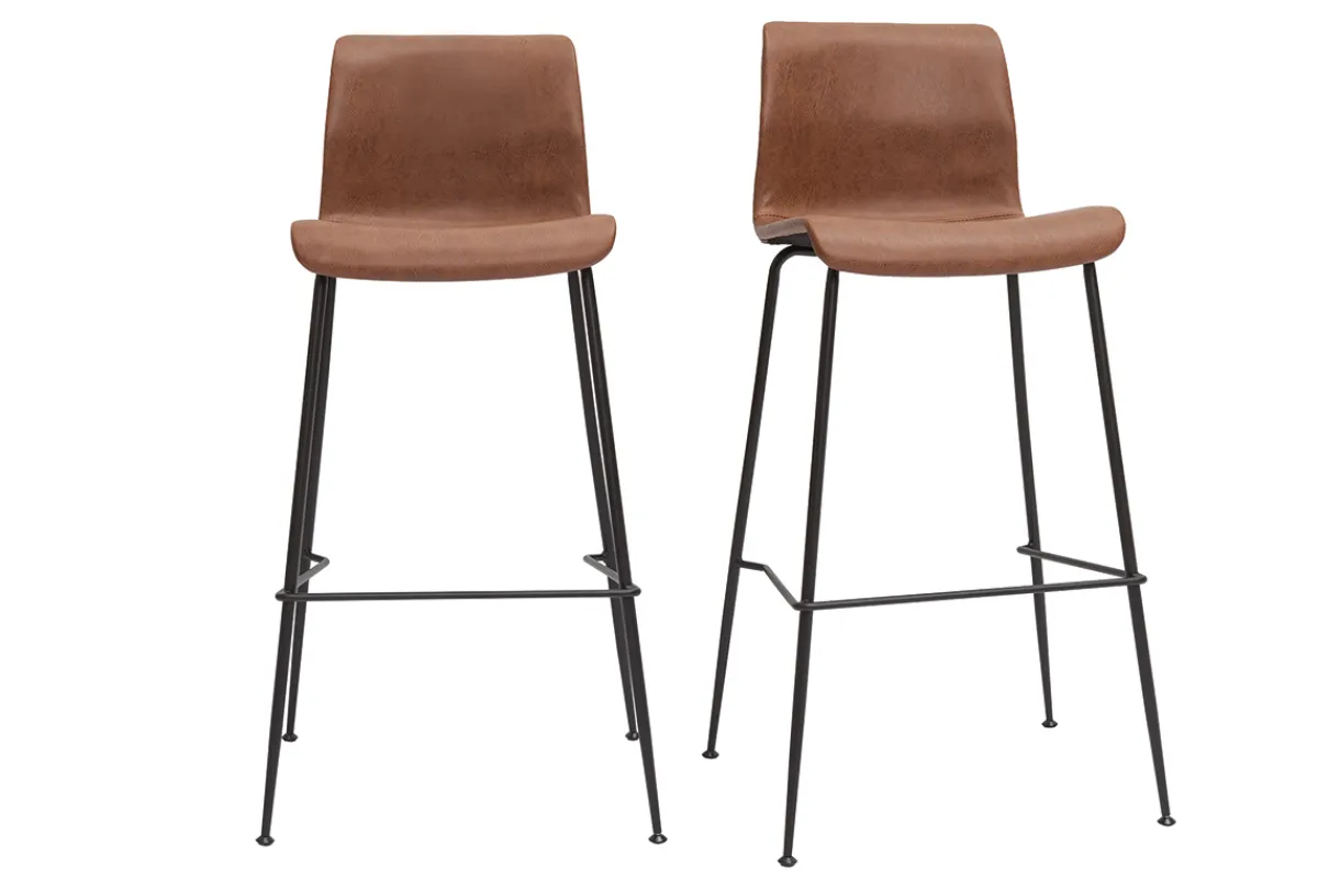 Miliboo Barhocker in braunem Antik-Look und schwarzes Metall H75 cm (2er-Set) HAROLD* Barhocker