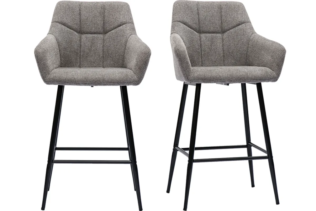 Miliboo Barhocker mit gepolsterten Sitzen aus Stoff mit Samteffekt, grau meliert, schwarzes Metall H65 cm (2er-Set) MONTERO* Barhocker