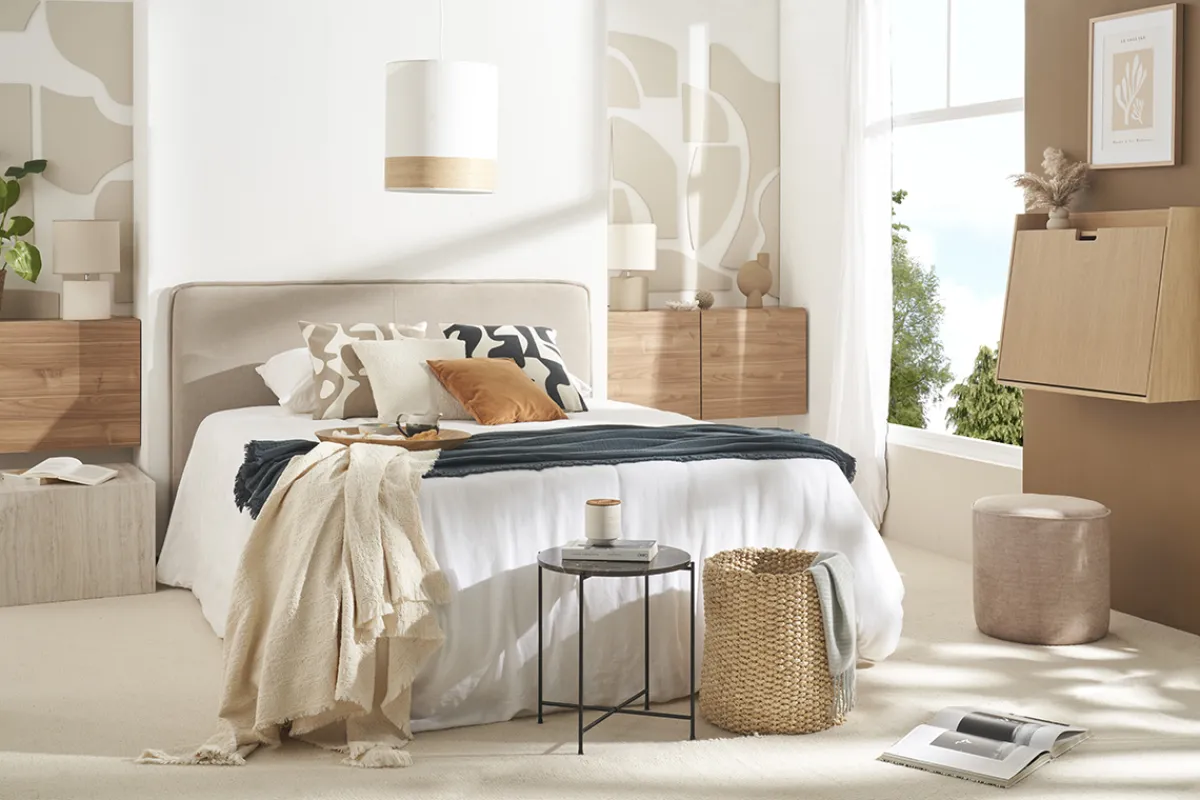 Miliboo Bettkopfteil naturfarbener Stoff mit Samteffekt B175 cm MARCIA* Bett-kopfteile