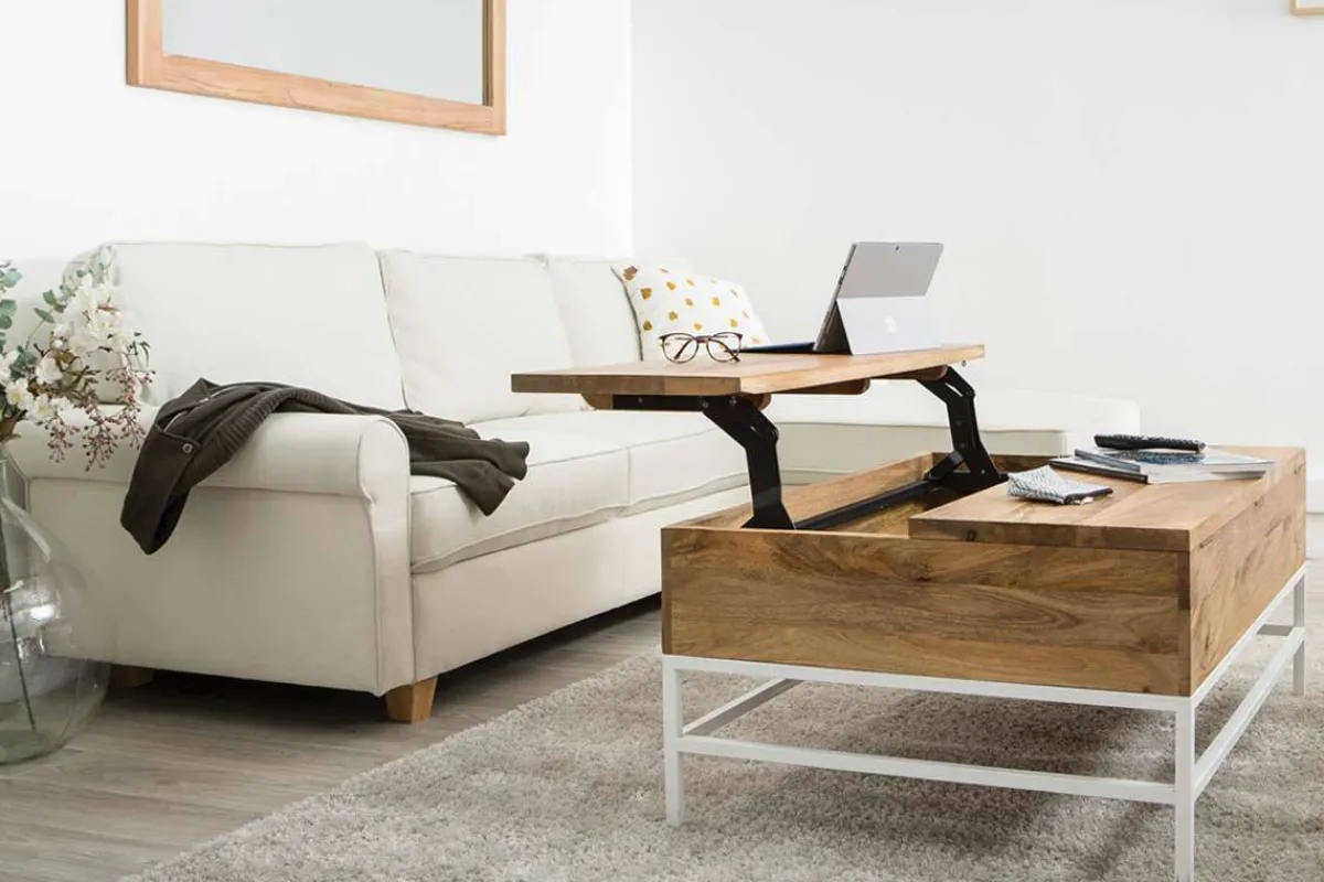 Miliboo Couchtisch aufklappbar Mangoholz und Metall Weiß 160cm BOHO* Couchtische