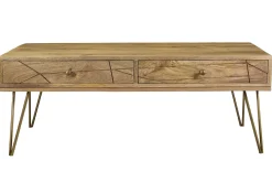 Miliboo Couchtisch graviert aus Mangoholz und vergoldetem Metall LINIUM* Couchtische