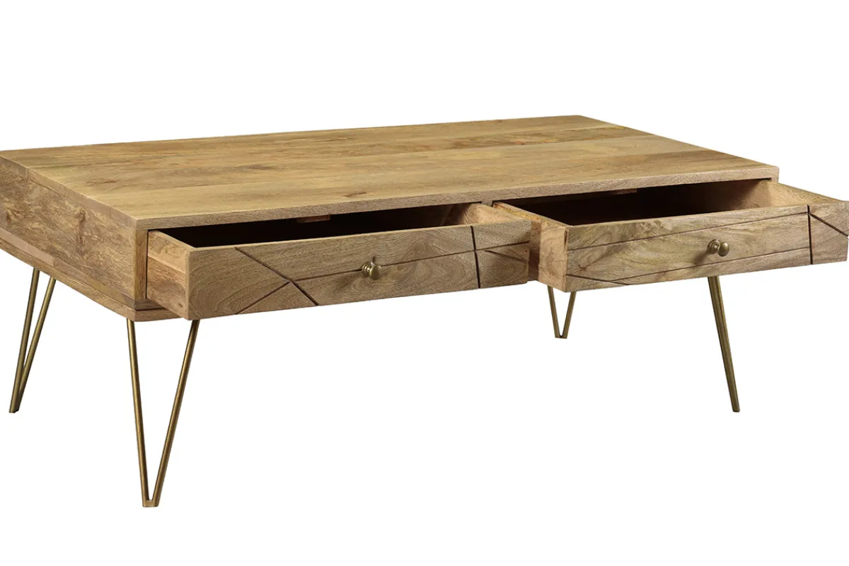 Miliboo Couchtisch graviert aus Mangoholz und vergoldetem Metall LINIUM* Couchtische