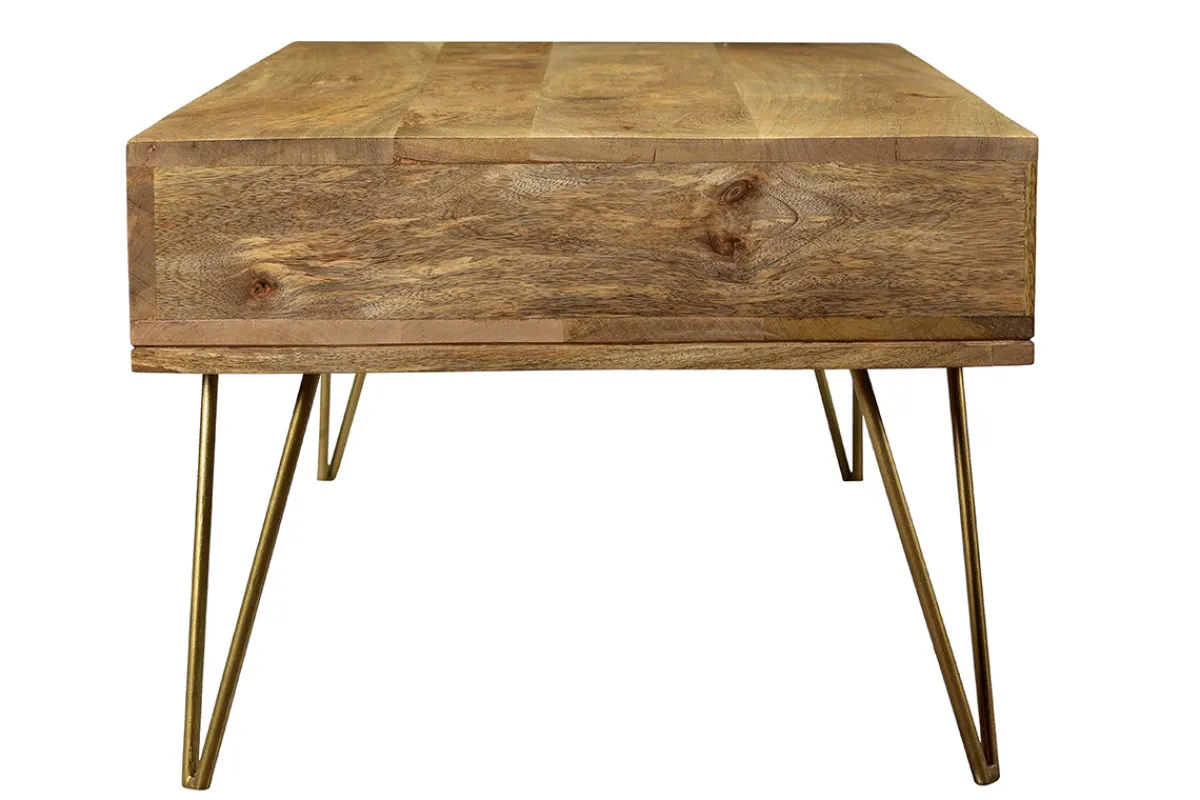 Miliboo Couchtisch graviert aus Mangoholz und vergoldetem Metall LINIUM* Couchtische