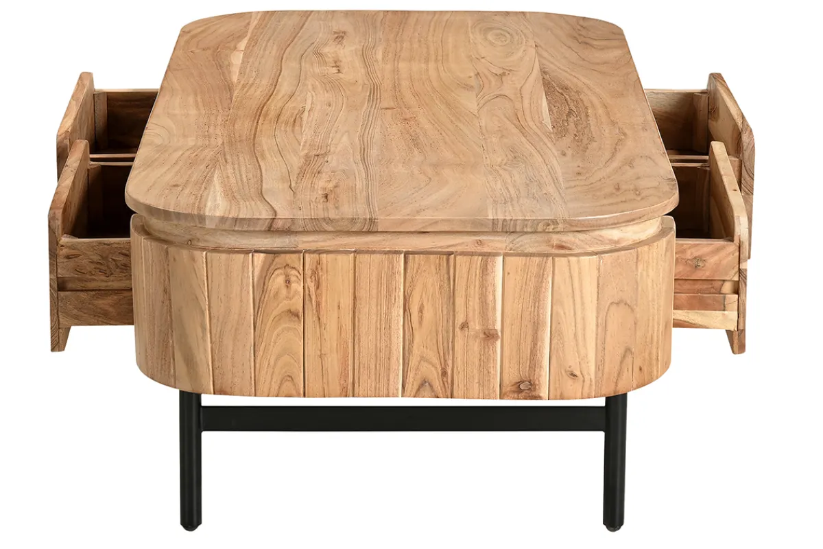 Miliboo Couchtisch mit Ablagefächern aus Massivholz und schwarzem Metall 4 Schubladen B115 cm NAPOLI* Couchtische