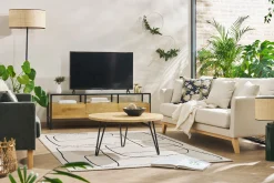 Miliboo Couchtisch rund strukturiert aus Mangoholz und schwarzem Metall VIBES* Couchtische