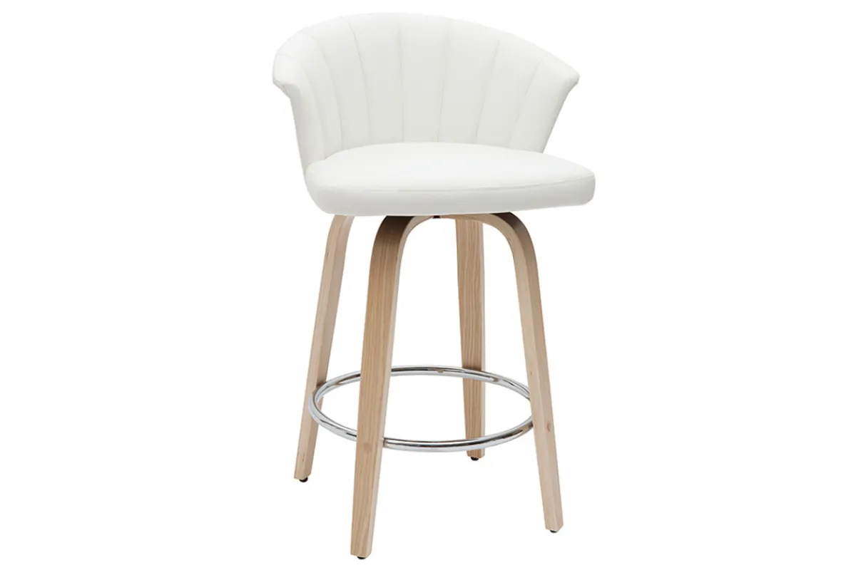 Miliboo Design-Barhocker drehbar weiß und helles Holz H65 cm ALBIN* Barhocker
