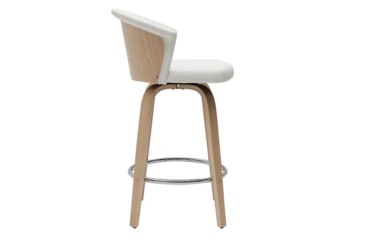 Miliboo Design-Barhocker drehbar weiß und helles Holz H65 cm ALBIN* Barhocker