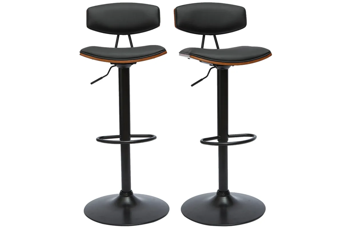 Miliboo Design-Barhocker höhenverstellbar in Schwarz mit dunklem Holz (2er-Set) VASCO* Barhocker
