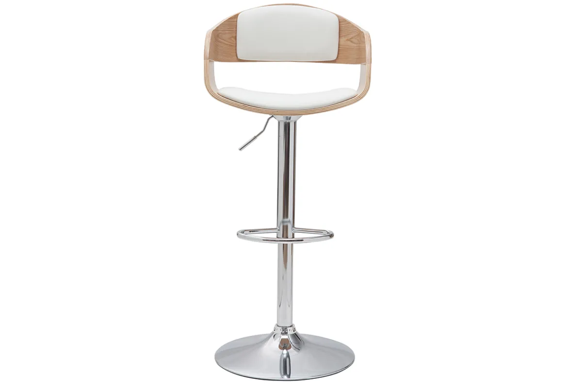 Miliboo Design-Barhocker höhenverstellbar aus weißem Polyurethan und hellem Holz (2er-Set) EUSTACHE* Barhocker