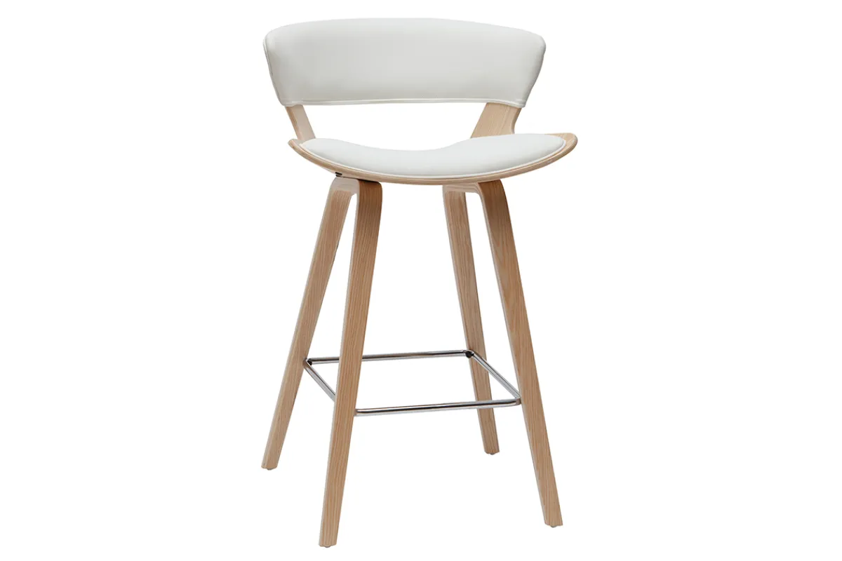 Miliboo Design-Barhocker höhenverstellbar weiß und helles Holz H65 cm SYRAH* Barhocker