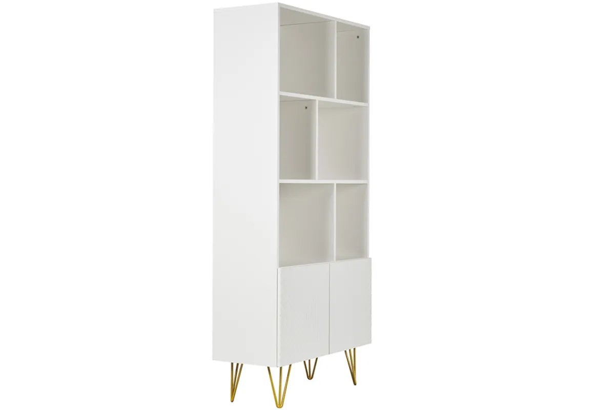 Miliboo Design-Bücherregal graviert matt weiß und goldfarbenes Metall 2 Türen B86 cm OZEN* Bücherregale|Bücherregale