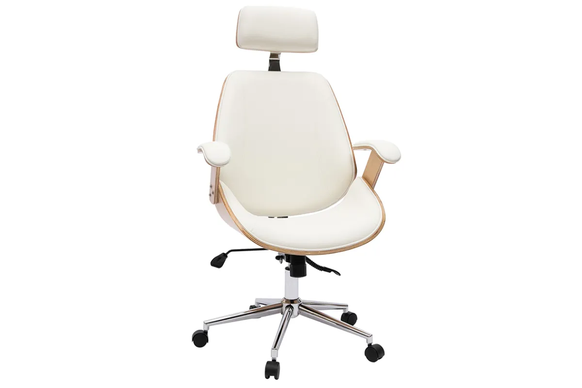 Miliboo Design-Bürostuhl in Weiß mit hellem Holz und verchromtem Stahl MUSK* Bürostühle|Ergonomischer Bürostühle