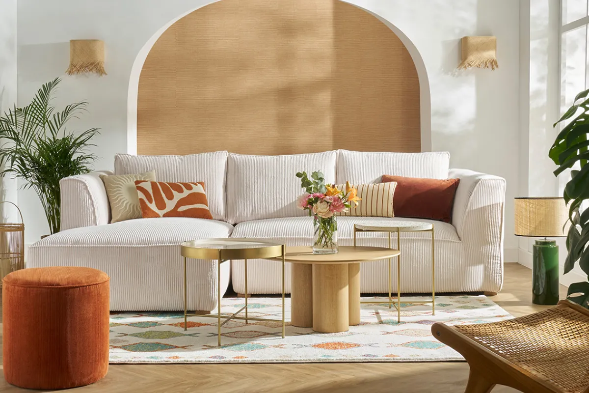 Miliboo Design-Ecksofa linksseitig aus écrufarbenem Cordstoff mit Samteffekt 3-4 Sitzer PANAM* Ecksofas