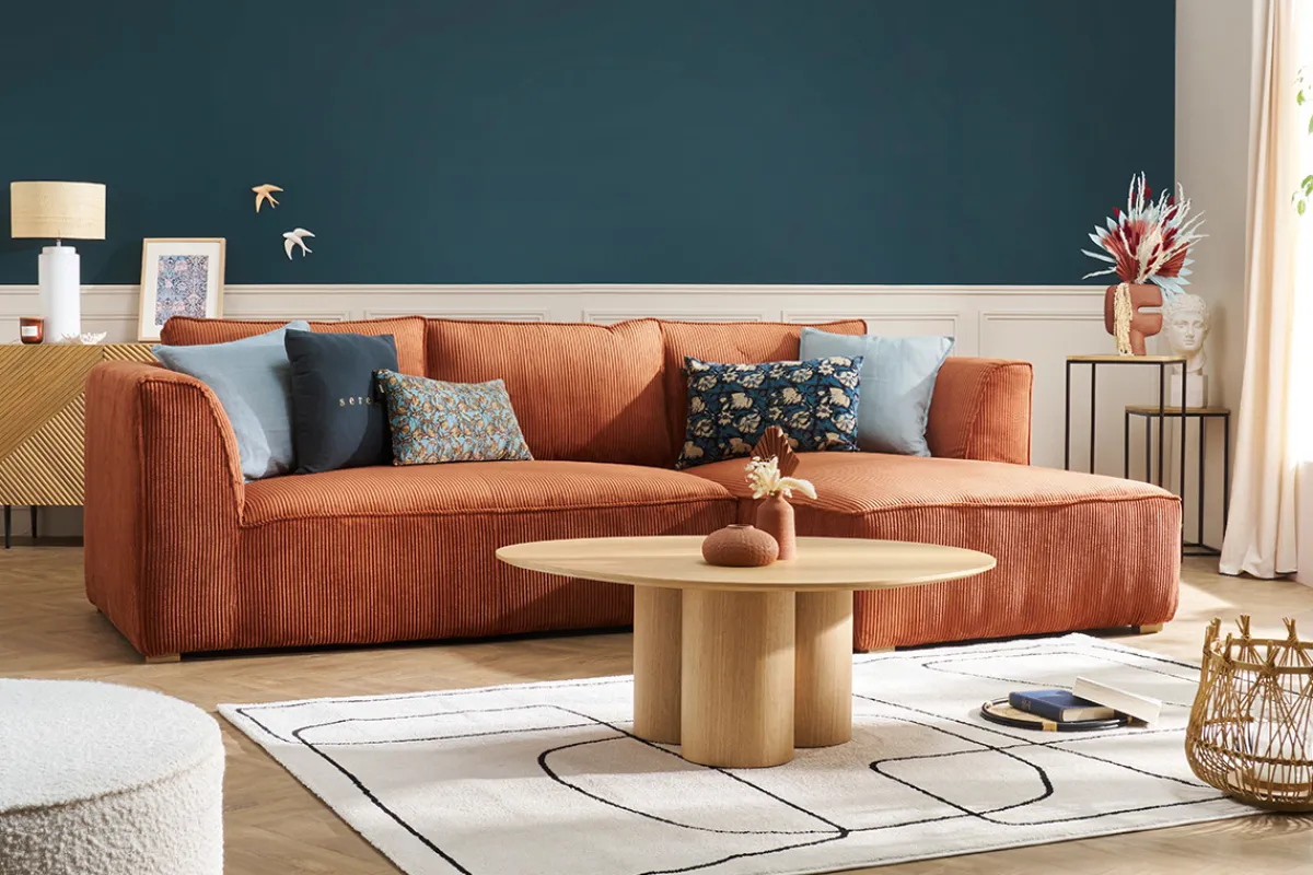 Miliboo Design-Ecksofa rechtseitig aus écrufarbenem Cordstoff aus Samteffekt 3-4 Sitzer PANAM* Ecksofas