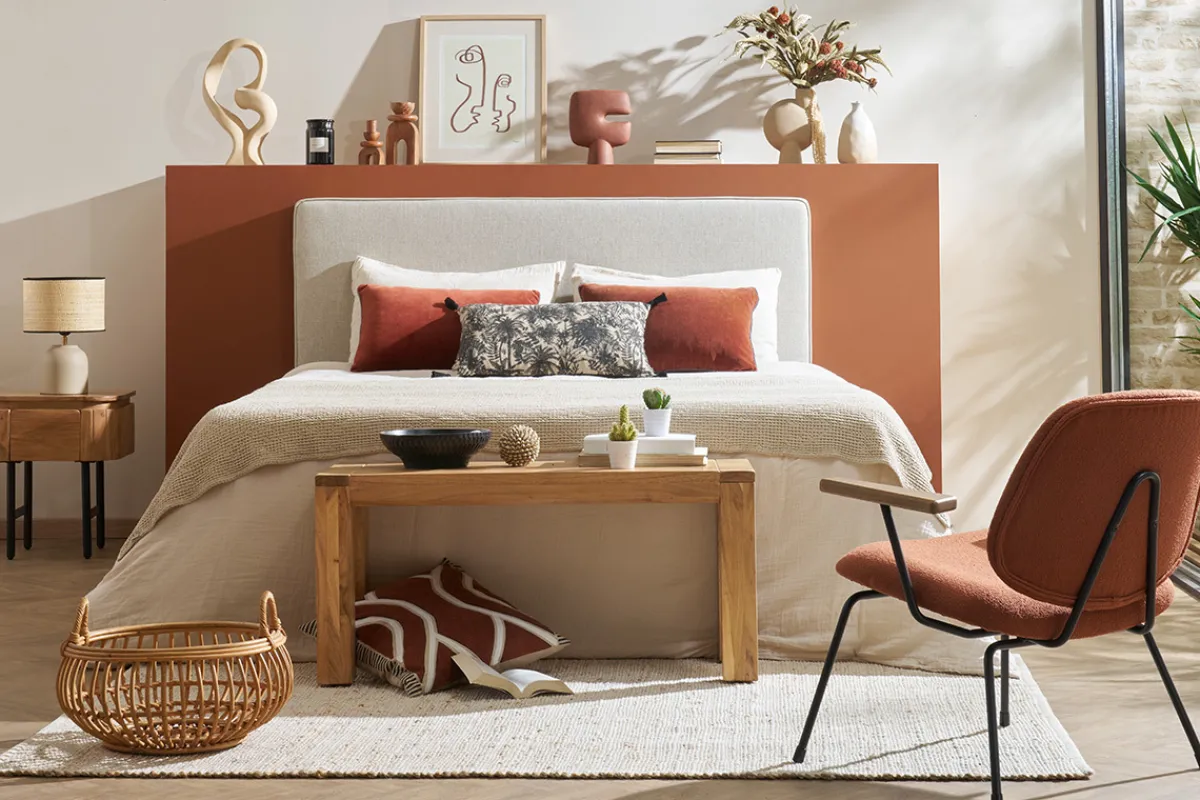 Miliboo Design-Sessel aus Stoff mit Bouclé-Wolleffekt in Terracotta, schwarzem Metall und dunklem Holz BARNET* Design-sessel|Sessel