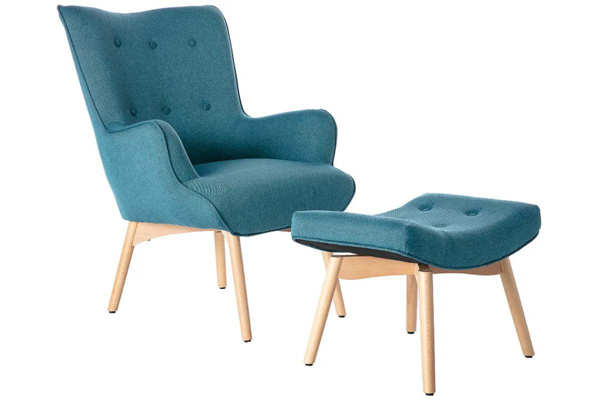 Miliboo Design-Sessel skandinavisch und Fußablage Petrolblau und helles Holz BRISTOL* Design-sessel|Sessel