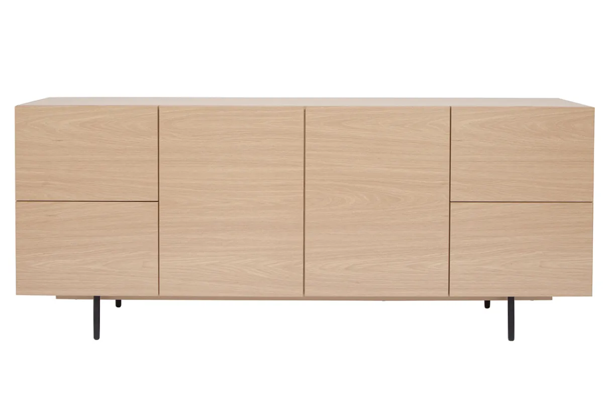 Miliboo Design-Sideboard aus hellem Eichenfurnier und schwarzem Metall, 2 Türen, 4 Schubladen B180 cm ALASKA* Sideboards