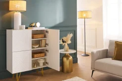 Miliboo Design-Sideboard graviert matt weiß und vergoldetem Metall 4 Türen B86 cm OZEN* Sideboards|Flurmöbel