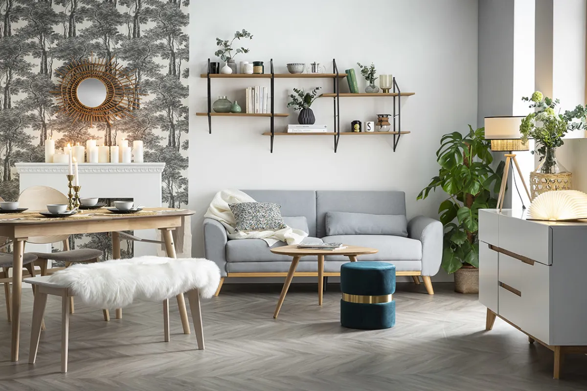 Miliboo Design-Sofa 3 Plätze Stoff Hellgrau Eichenbeine EKTOR* Design-sofas