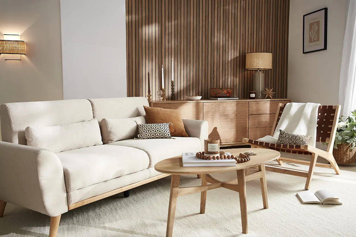 Miliboo Design-Sofa 3 Plätze Stoff naturfarben Eichenbeine EKTOR* Design-sofas