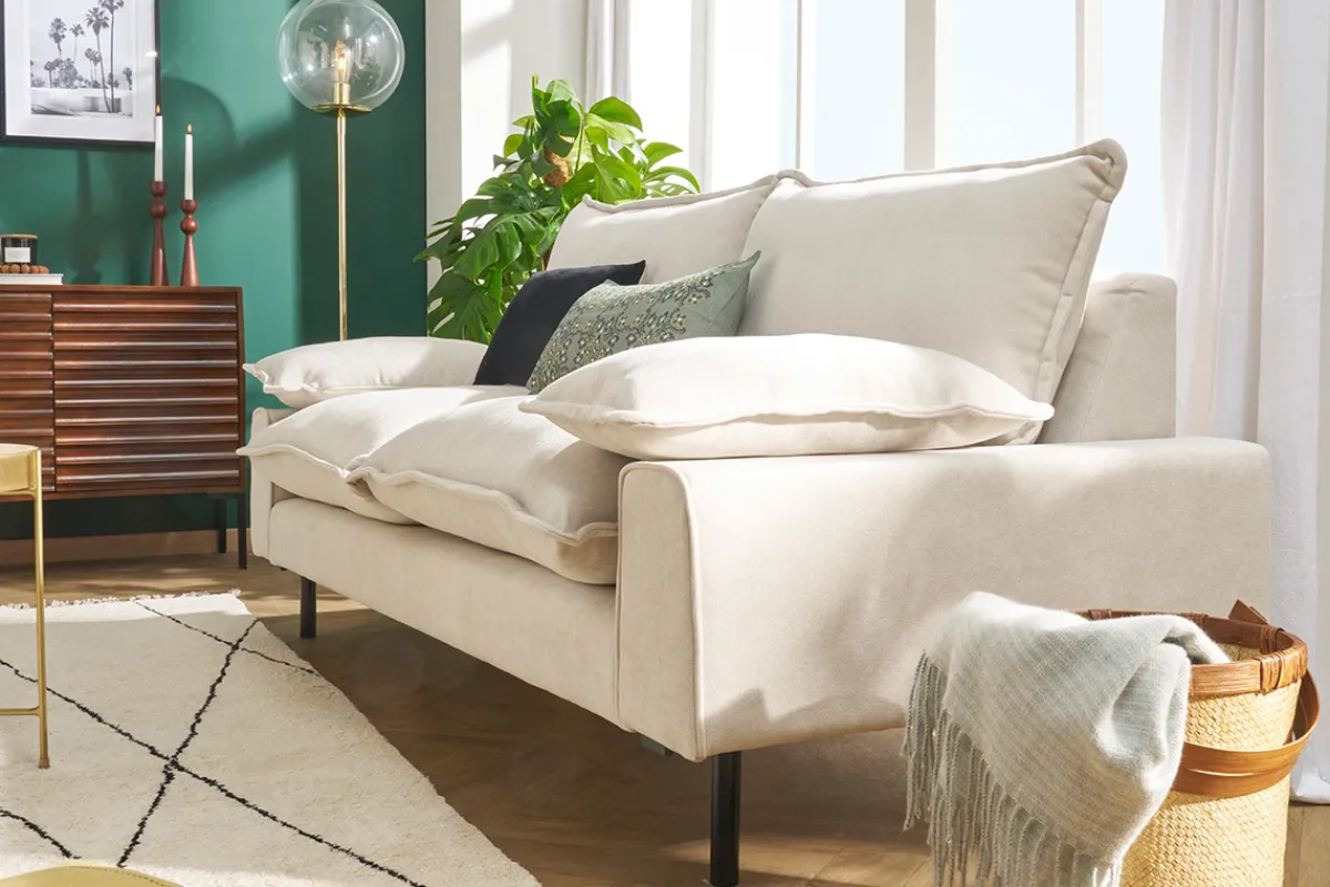 Miliboo Design-Sofa mit beigem Stoff im Samtdesign und schwarzem Metall 3-Sitzer DORY* Design-sofas