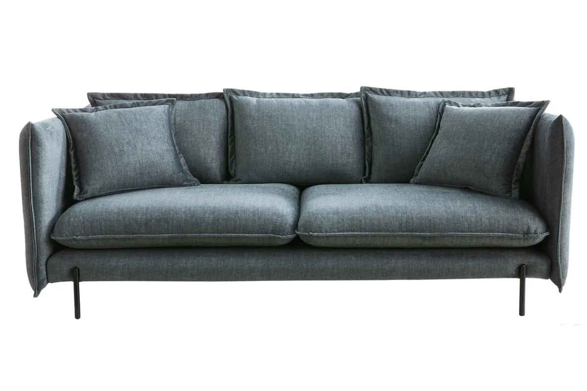 Miliboo Design-Sofa 3/4-Sitzer in blaugrauem Veloursstoff und schwarzem Metall ALMAR* Design-sofas
