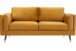 Miliboo Design-Sofa 2/3-Sitzer in gelben Samtstoff, dunkles Holz und goldfarbenes Metall STING* Design-sofas