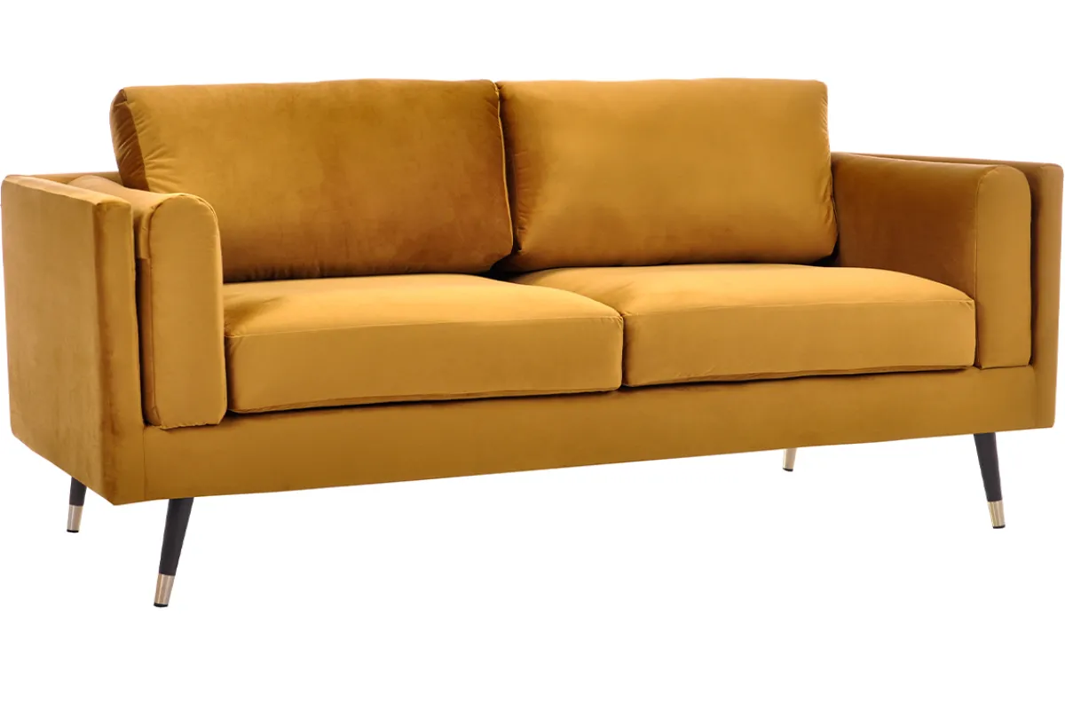 Miliboo Design-Sofa 2/3-Sitzer in gelben Samtstoff, dunkles Holz und goldfarbenes Metall STING* Design-sofas