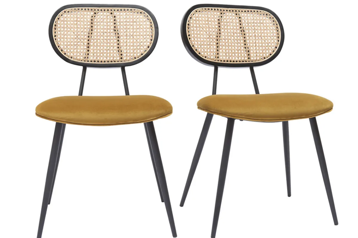 Miliboo Design-Stühle aus bronzefarbenem Samtstoff, schwarzem Metall und naturfarbenem Rattangeflecht (2er-Set) TOLMA* Design-stühle