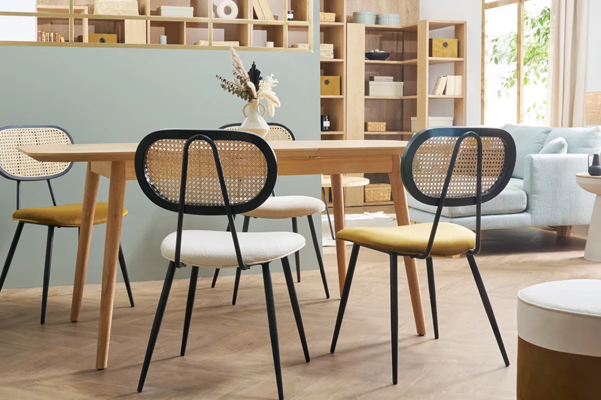Miliboo Design-Stühle aus bronzefarbenem Samtstoff, schwarzem Metall und naturfarbenem Rattangeflecht (2er-Set) TOLMA* Design-stühle