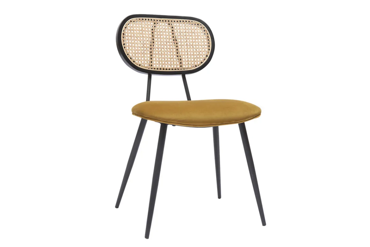 Miliboo Design-Stühle aus bronzefarbenem Samtstoff, schwarzem Metall und naturfarbenem Rattangeflecht (2er-Set) TOLMA* Design-stühle
