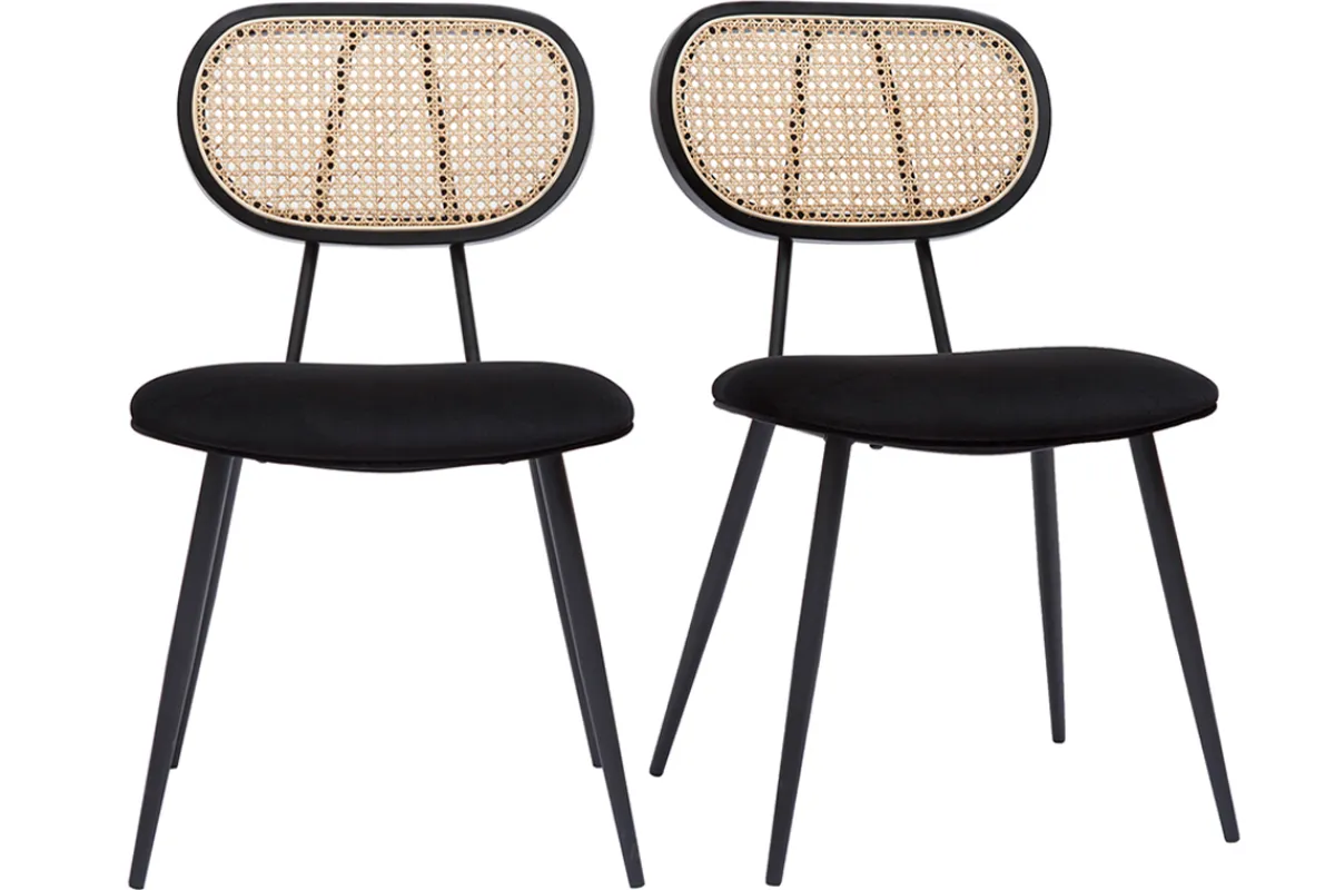Miliboo Design-Stühle aus schwarzem Samtstoff, Metall und naturfarbenem Rattangeflecht (2er-Set) TOLMA* Design-stühle