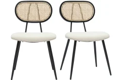 Miliboo Design-Stühle aus Stoff mit Wolleffekt in Off-White, schwarzem Metall und naturfarbenem Rattangeflecht (2er-Set) TOLMA* Design-stühle