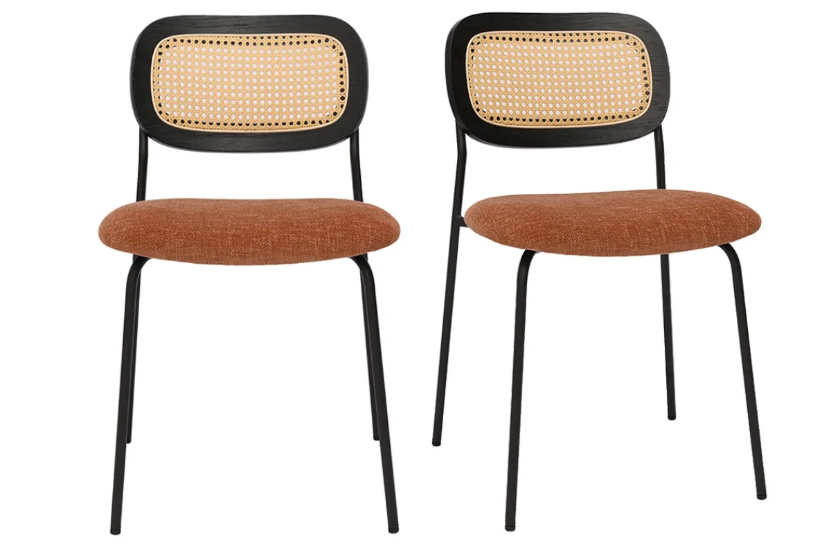 Miliboo Design-Stühle aus texturiertem Samtstoff in verbrannter Erde, schwarzem Metall und Rattan-Geflecht (2er-Set) MIRANDA* Design-stühle