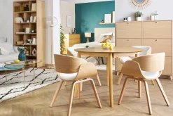 Miliboo Design-Stuhl aus weißem Stoff mit Bouclé-Wolleffekt und hellem Holz BENT* Design-stühle