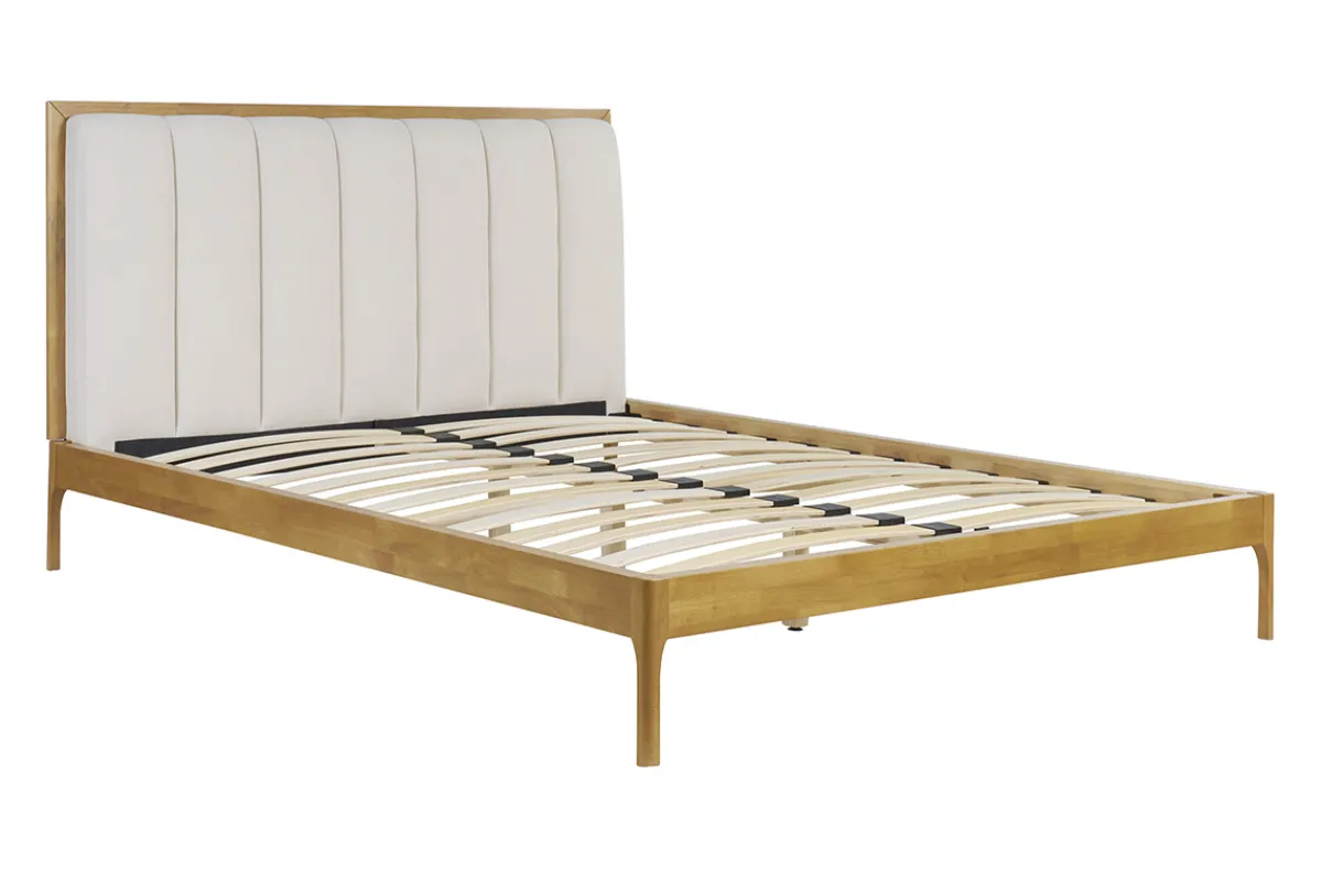 Miliboo Doppelbett 160x200 cm aus hellem Holz und hellgrauem Stoff RONN* Betten Für Erwachsene