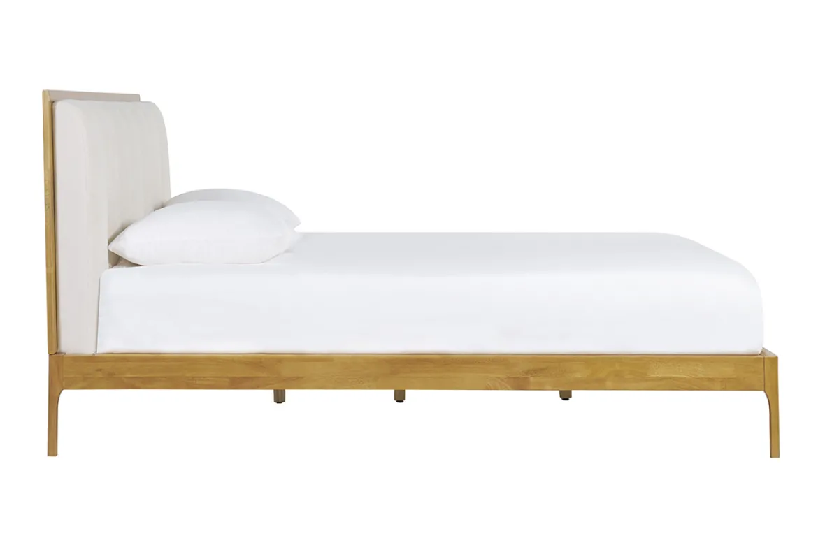 Miliboo Doppelbett 160x200 cm aus hellem Holz und hellgrauem Stoff RONN* Betten Für Erwachsene
