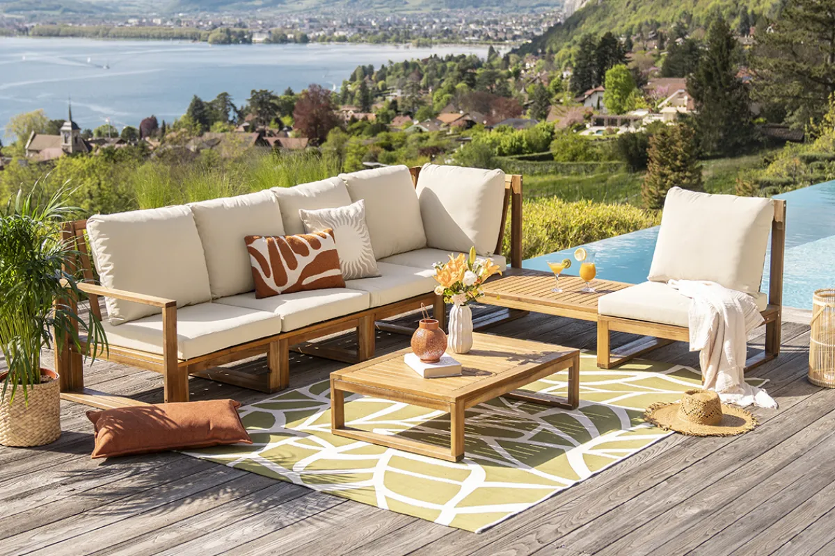 Miliboo Eck-Gartenmöbel aus Massivholz mit abziehbaren Kissen in Beige 6/8-Sitzer SALSA* Garten Lounge-möbel
