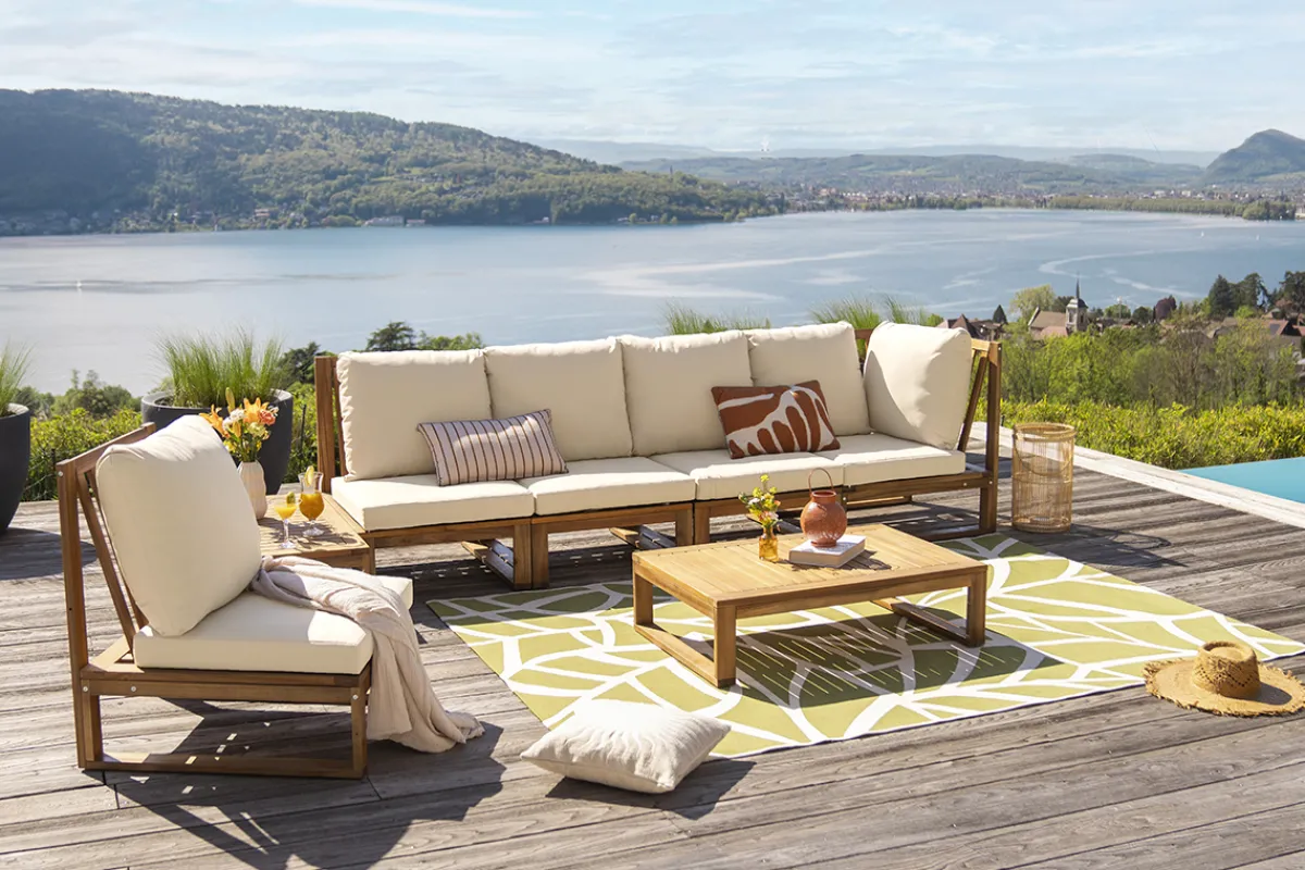 Miliboo Eck-Gartenmöbel aus Massivholz mit abziehbaren Kissen in Beige 6/8-Sitzer SALSA* Garten Lounge-möbel