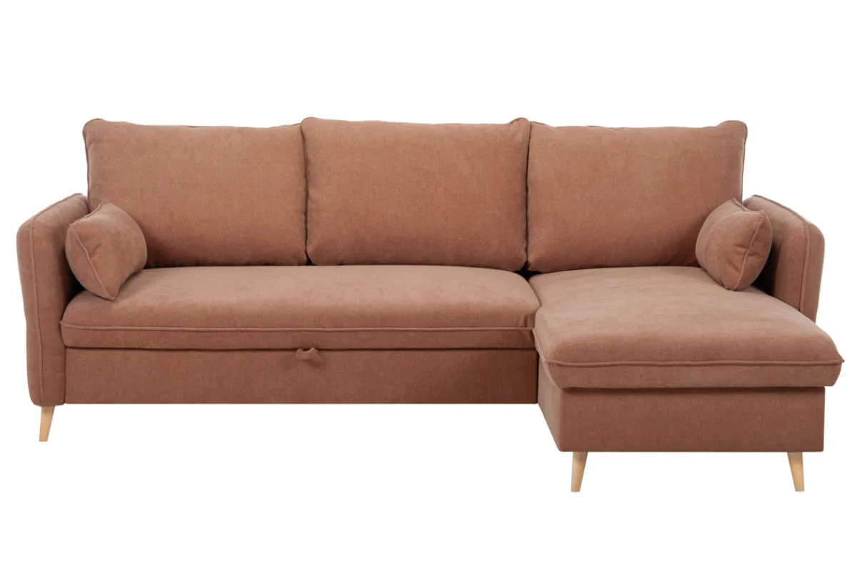 Miliboo Eck-Schlafsofa mit Stauraum 3/4-Sitzer Stoff in Terracotta und helles Holz DRISS* Schlafsofas|Ecksofas