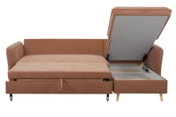 Miliboo Eck-Schlafsofa mit Stauraum 3/4-Sitzer Stoff in Terracotta und helles Holz DRISS* Schlafsofas|Ecksofas