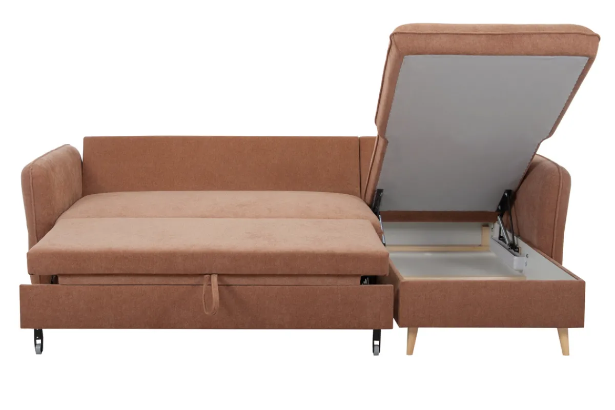 Miliboo Eck-Schlafsofa mit Stauraum 3/4-Sitzer Stoff in Terracotta und helles Holz DRISS* Schlafsofas|Ecksofas