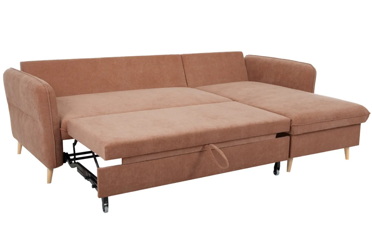 Miliboo Eck-Schlafsofa mit Stauraum 3/4-Sitzer Stoff in Terracotta und helles Holz DRISS* Schlafsofas|Ecksofas