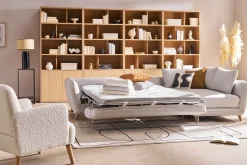 Miliboo Ecksofa mit 5 Sitzplätzen, umwandelbar, skandinavisches Design, in hellgrauem meliertem Stoff und hellem Holz CREEP* Schlafsofas|Ecksofas